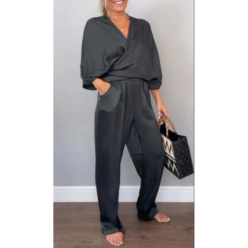 💃2-teiliges Damen-Set aus Oberteil und Hose mit V-Ausschnitt und merzerisierter Baumwolle