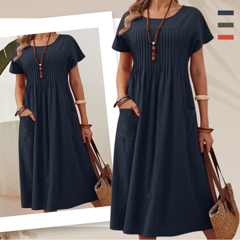 👗 50% RABATT! ✨ Plisserad Klänning för Kvinnor med Korta Ärmar & Fickor – Bomull-Linneblandning, Bekväm & Perfekt för Sommar ☀️