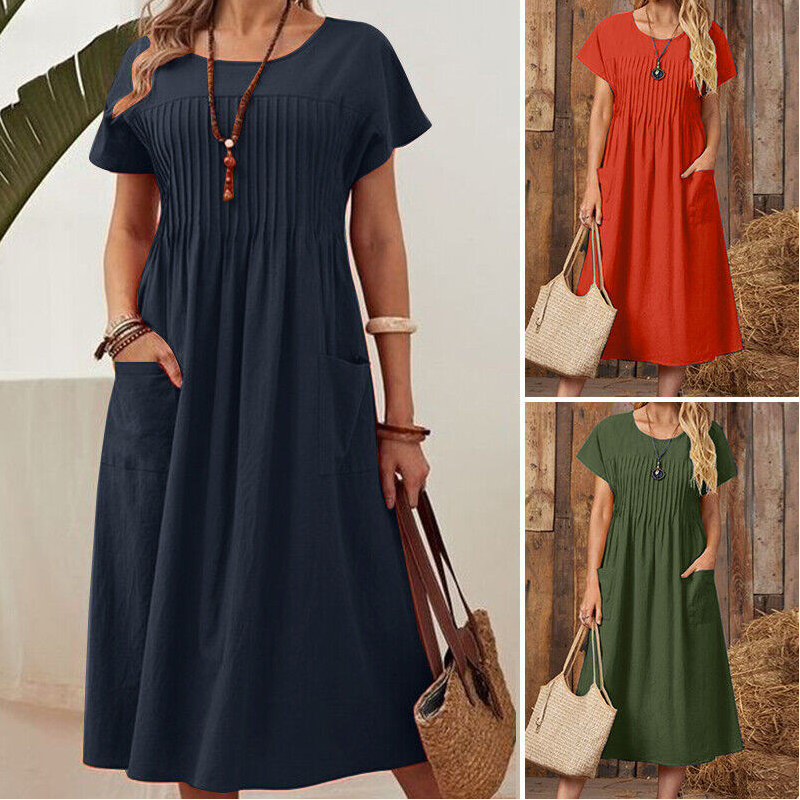 👗 50% RABATT! ✨ Plisserad Klänning för Kvinnor med Korta Ärmar & Fickor – Bomull-Linneblandning, Bekväm & Perfekt för Sommar ☀️