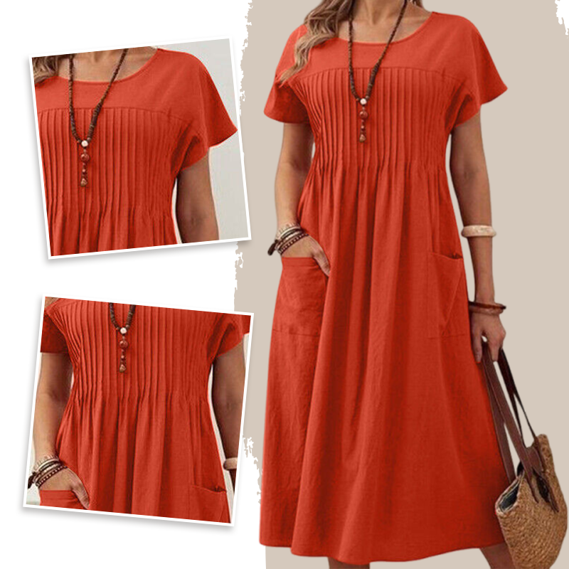 👗 50% RABATT! ✨ Plisserad Klänning för Kvinnor med Korta Ärmar & Fickor – Bomull-Linneblandning, Bekväm & Perfekt för Sommar ☀️
