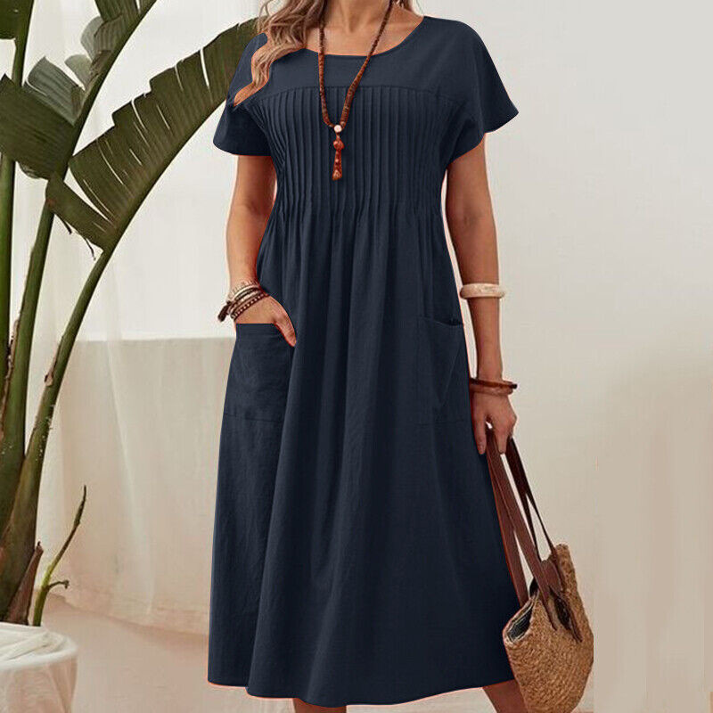 👗 50% RABATT! ✨ Plisserad Klänning för Kvinnor med Korta Ärmar & Fickor – Bomull-Linneblandning, Bekväm & Perfekt för Sommar ☀️