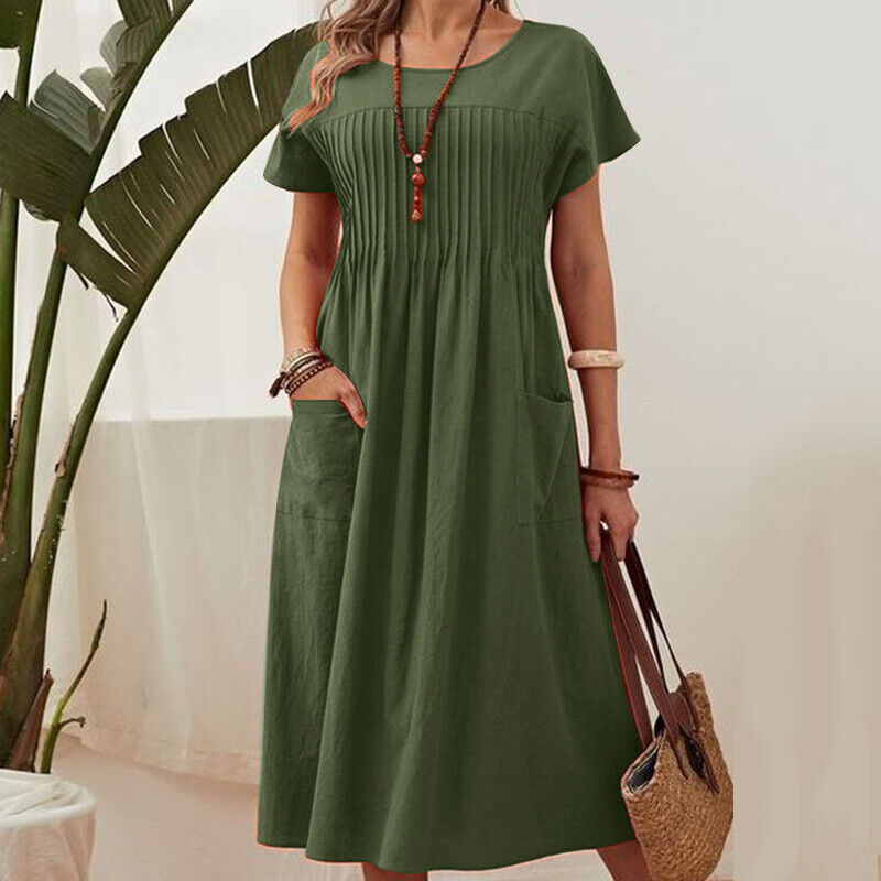 👗 50% RABATT! ✨ Plisserad Klänning för Kvinnor med Korta Ärmar & Fickor – Bomull-Linneblandning, Bekväm & Perfekt för Sommar ☀️