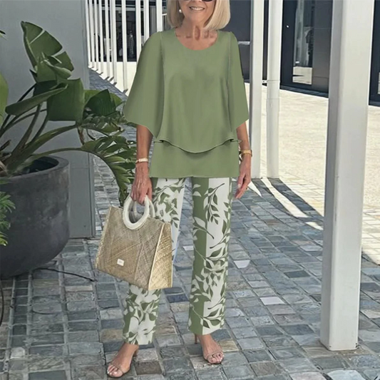 🌸Sommarfynd 49% RABATT🌸Dam Set: mönstrade byxor och rundhalsad topp