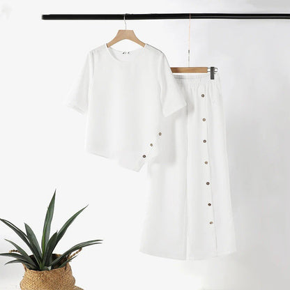 🌸Sommarfynd 49% RABATT🌸Tvådelat set med topp med oregelbunden hem och byxor med vida ben för kvinnor