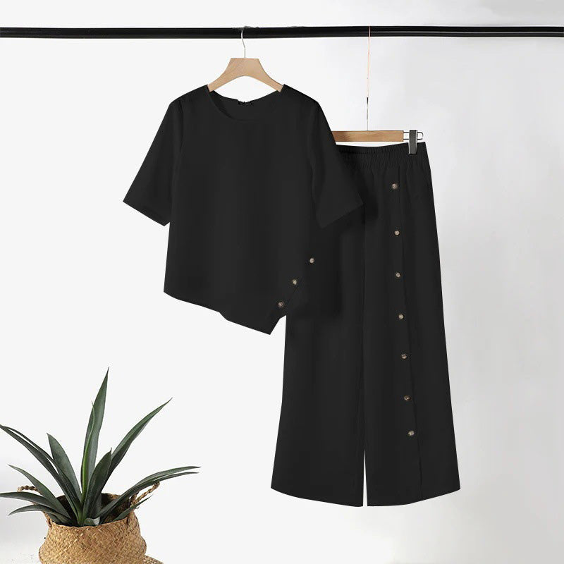 🌸Sommarfynd 49% RABATT🌸Tvådelat set med topp med oregelbunden hem och byxor med vida ben för kvinnor