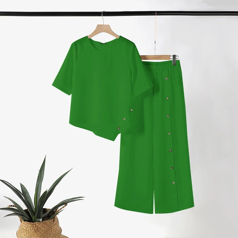 🌸Sommarfynd 49% RABATT🌸Tvådelat set med topp med oregelbunden hem och byxor med vida ben för kvinnor