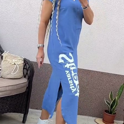 Avslappnad kortärmad klänning med sidoslits och lös passform för kvinnor