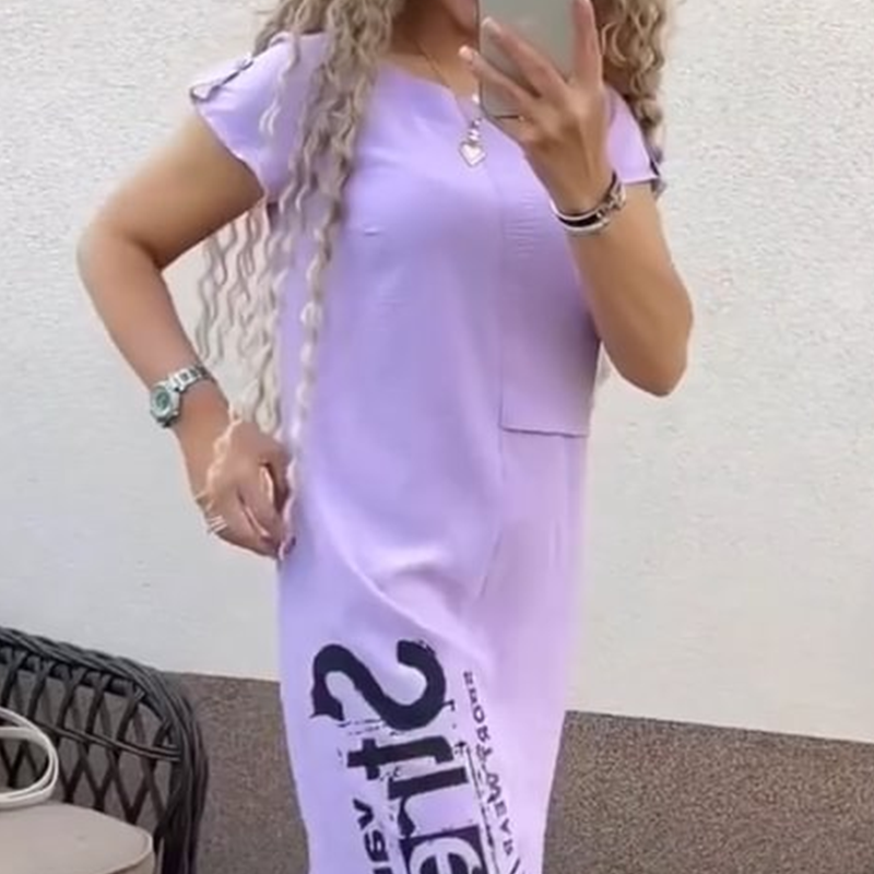 Avslappnad kortärmad klänning med sidoslits och lös passform för kvinnor