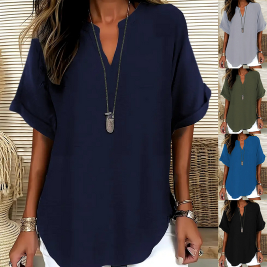 🌸Forårsudsalg 57% rabat👕Modern top i ensfarvet stof med korte ærmer