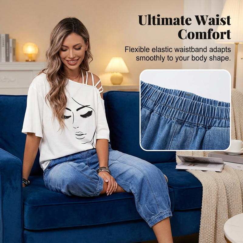 Kortare jeans med elastisk midja och lös passform för damer
