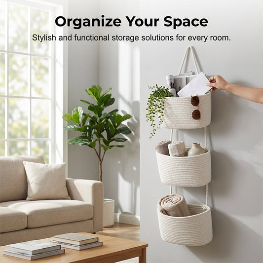 🧺🌿 3-lags væghængt opbevaring – Boho reb og pladsbesparende – Organiser med stil