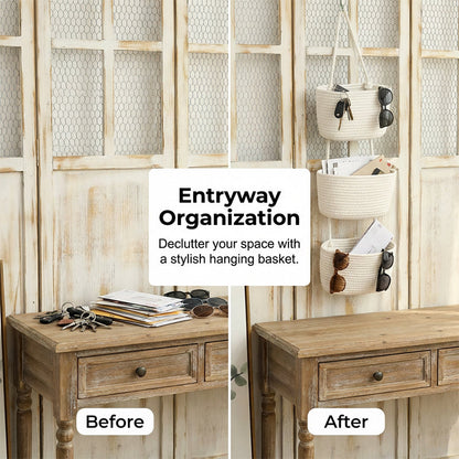 🧺🌿 3-lags væghængt opbevaring – Boho reb og pladsbesparende – Organiser med stil