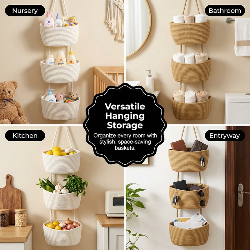 🧺🌿 3-lags væghængt opbevaring – Boho reb og pladsbesparende – Organiser med stil