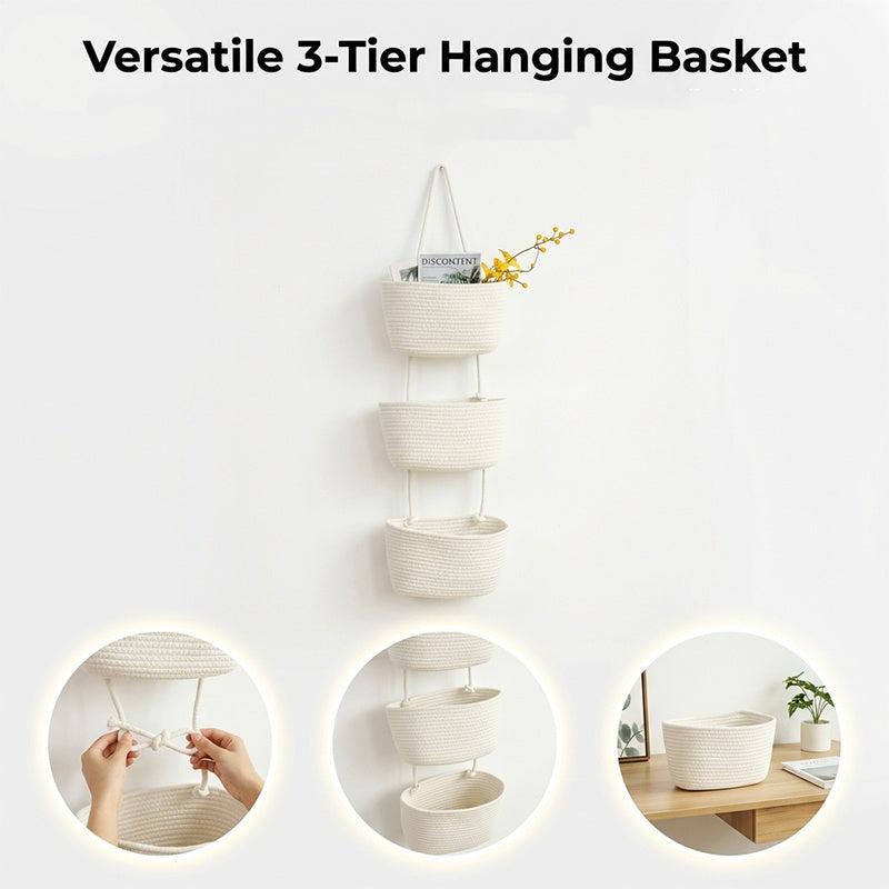 🧺🌿 3-lags væghængt opbevaring – Boho reb og pladsbesparende – Organiser med stil