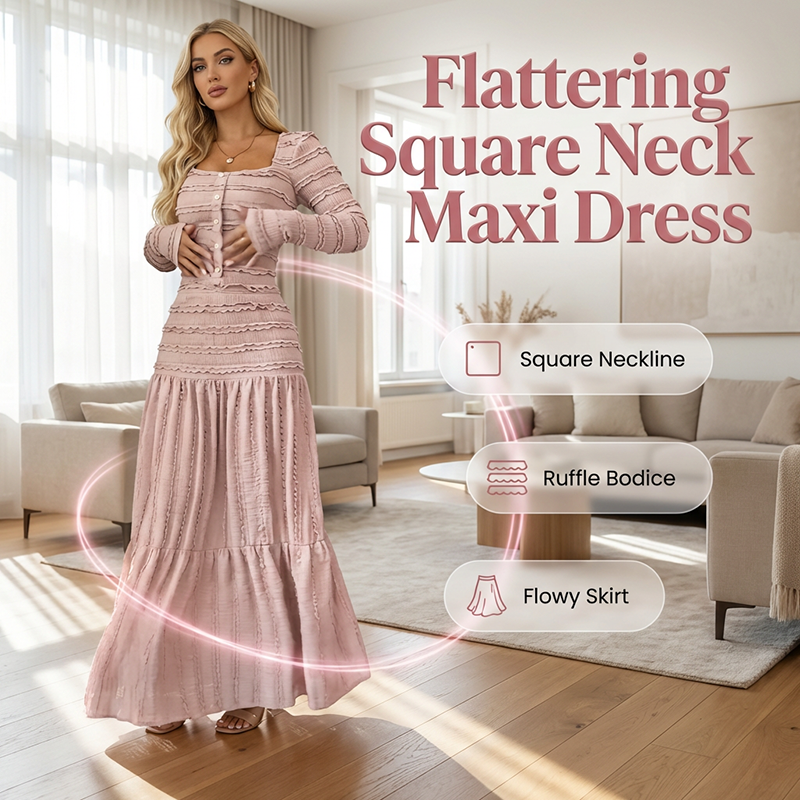 🌸 Maxiklänning med fyrkantig halsringning – vintagecharm möter modern elegans. Tidlös och förtrollande. ✨