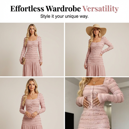 🌸 Maxiklänning med fyrkantig halsringning – vintagecharm möter modern elegans. Tidlös och förtrollande. ✨