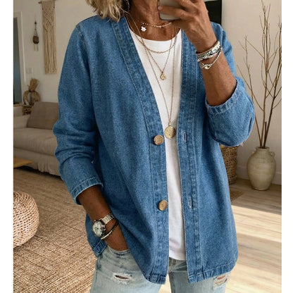 Klassisk denimjakke med knapper foran til kvinder