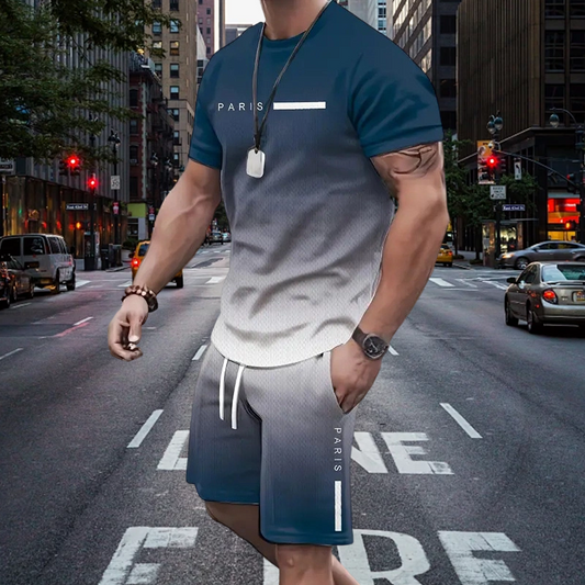 Herresæt med t-shirt og shorts i graduerede farver