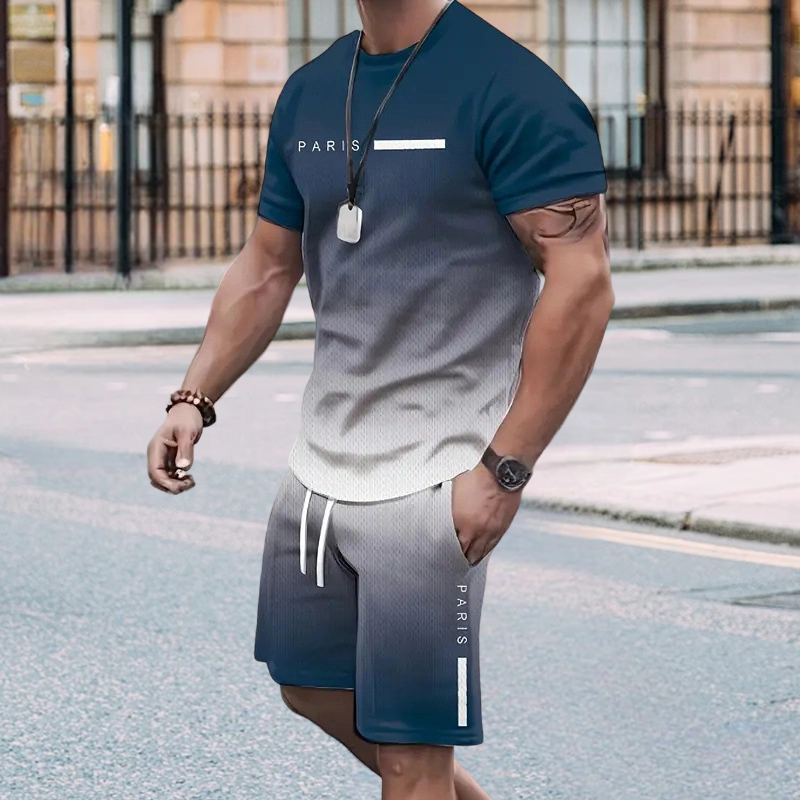 Herresæt med t-shirt og shorts i graduerede farver