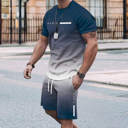Herresæt med t-shirt og shorts i graduerede farver