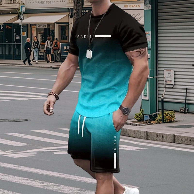 Herresæt med t-shirt og shorts i graduerede farver