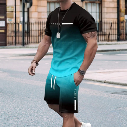 Herresæt med t-shirt og shorts i graduerede farver