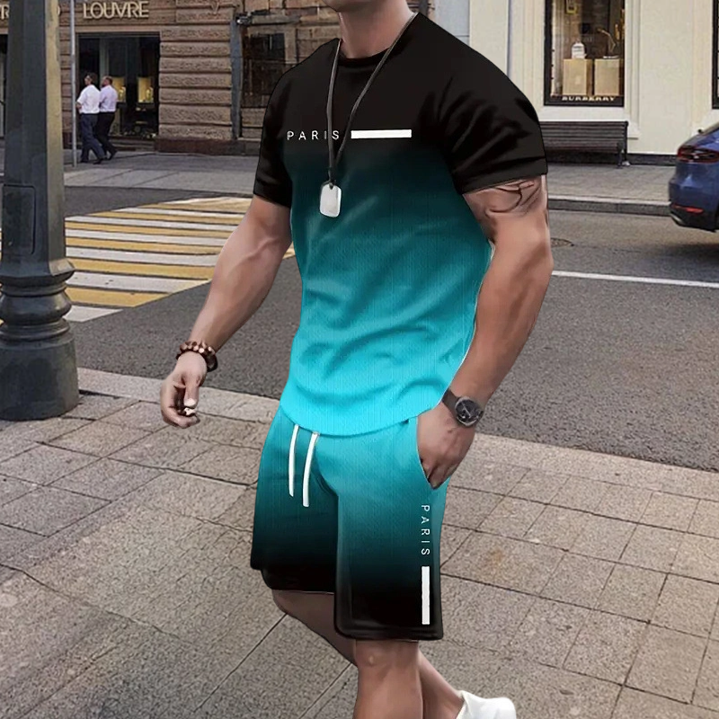 Herresæt med t-shirt og shorts i graduerede farver