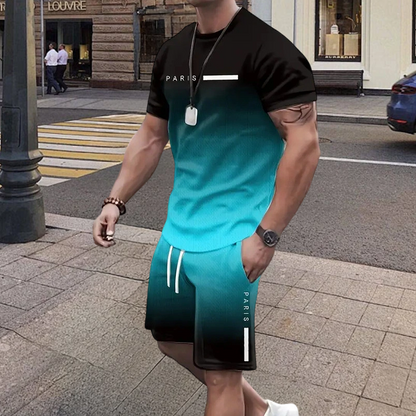 Herresæt med t-shirt og shorts i graduerede farver