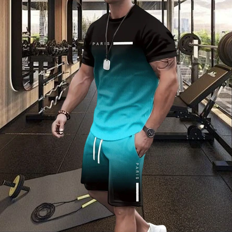 Herresæt med t-shirt og shorts i graduerede farver