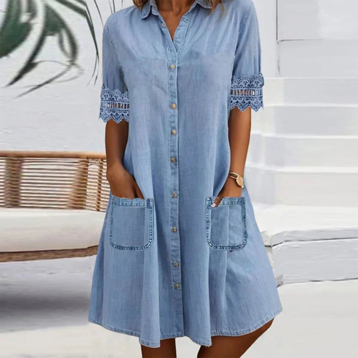 🎁Begrænset tidsbegrænset 50% RABAT⏳Blå, enkel denim minikjole med krave og blondekant