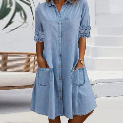 🎁Begrænset tidsbegrænset 50% RABAT⏳Blå, enkel denim minikjole med krave og blondekant