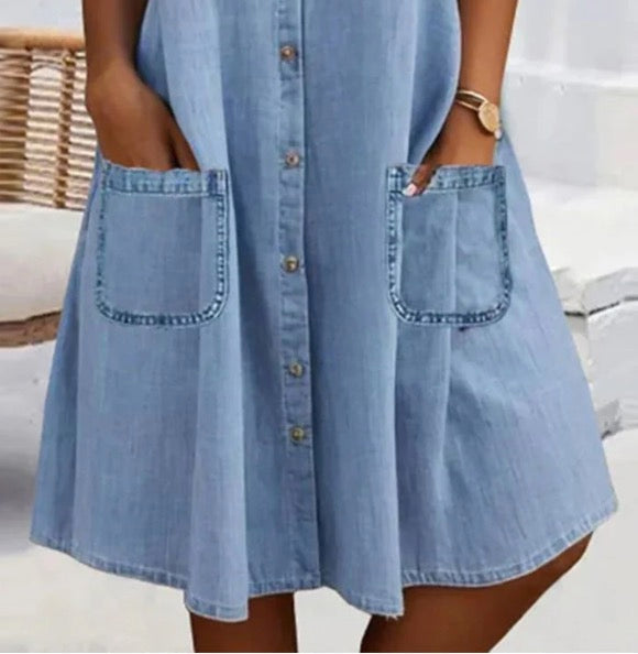 🎁Begrænset tidsbegrænset 50% RABAT⏳Blå, enkel denim minikjole med krave og blondekant