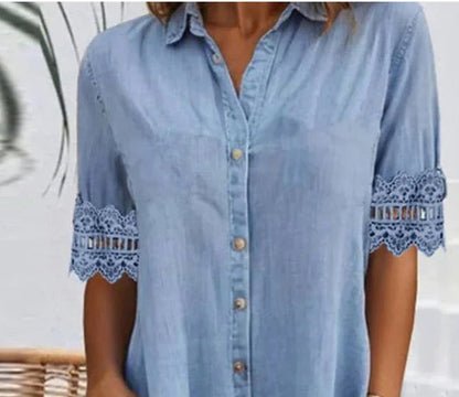🎁Begrænset tidsbegrænset 50% RABAT⏳Blå, enkel denim minikjole med krave og blondekant