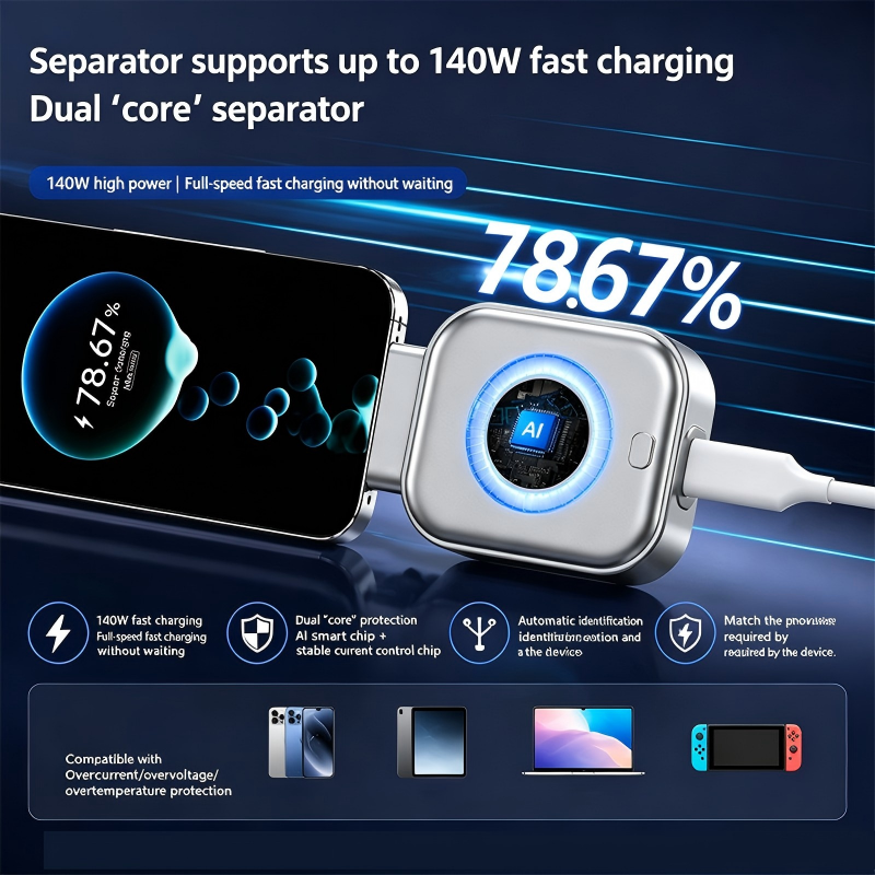 ⚡140W superhurtig oplader med AI automatisk nedlukning - USB-C PD3.1 - Intelligent batteribeskyttelse - Universal til iPhone, MacBook og tablet
