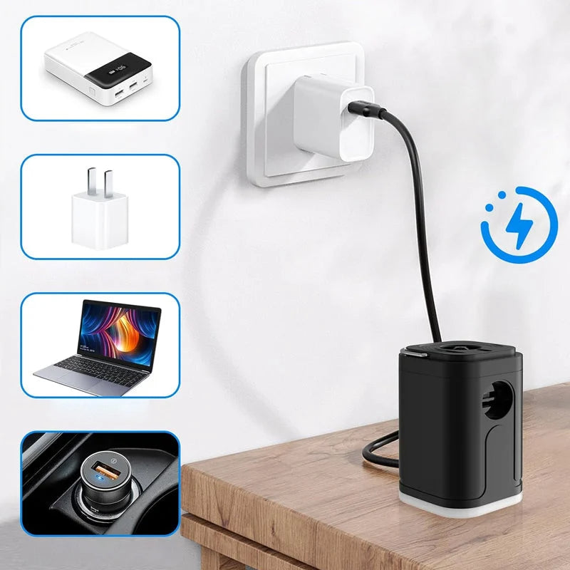 🏕️ Genopladelig campingluftpumpe – LED-lys, hurtig oppustning, kompakt