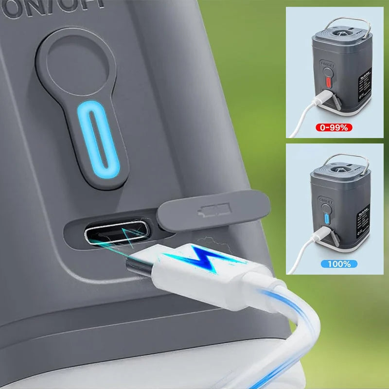 🏕️ Genopladelig campingluftpumpe – LED-lys, hurtig oppustning, kompakt