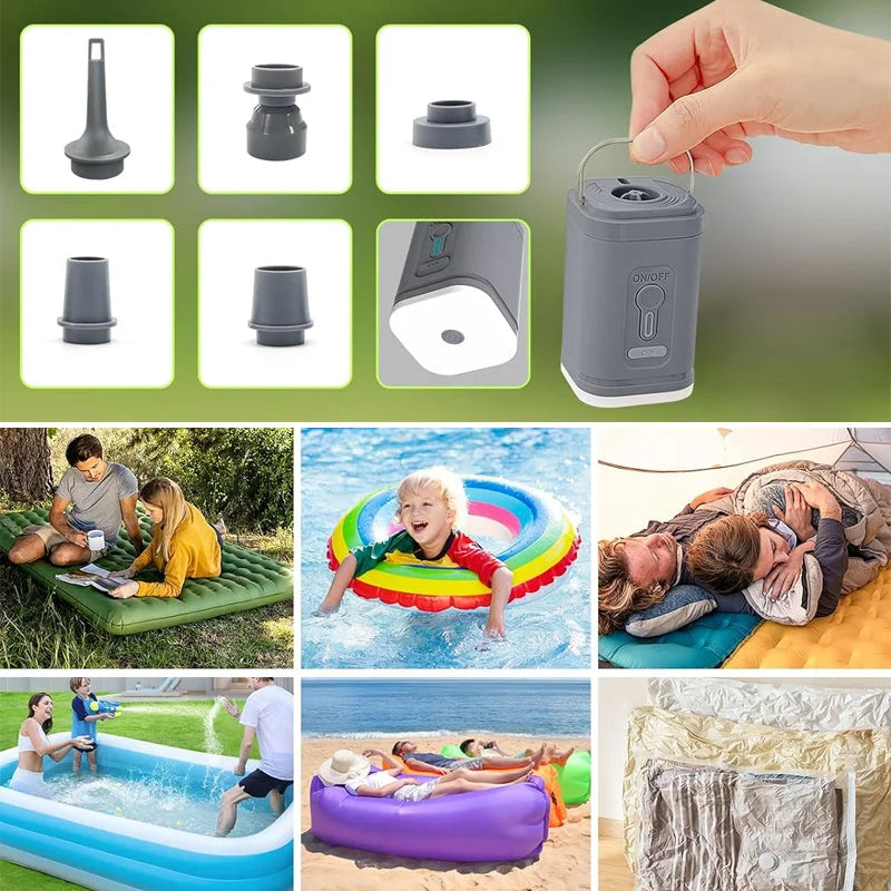 🏕️ Genopladelig campingluftpumpe – LED-lys, hurtig oppustning, kompakt
