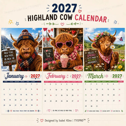 Vægkalender med højlandsko 2027 – Sjov A4-kalender til hjemmet | Designet af Isabel Kline
