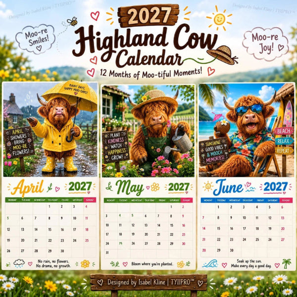 Vægkalender med højlandsko 2027 – Sjov A4-kalender til hjemmet | Designet af Isabel Kline