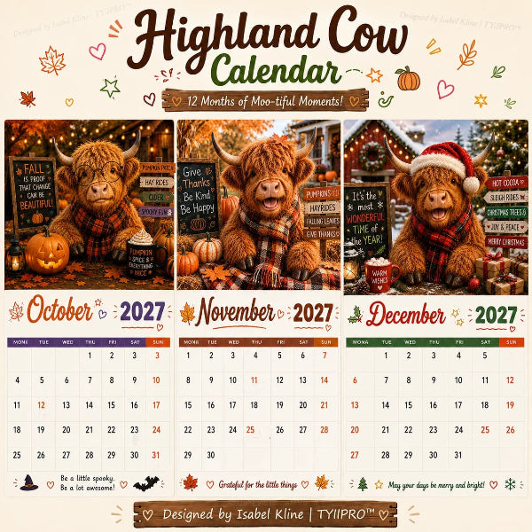 Vægkalender med højlandsko 2027 – Sjov A4-kalender til hjemmet | Designet af Isabel Kline