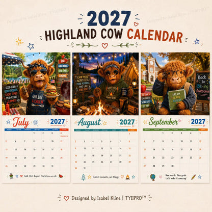 Vægkalender med højlandsko 2027 – Sjov A4-kalender til hjemmet | Designet af Isabel Kline