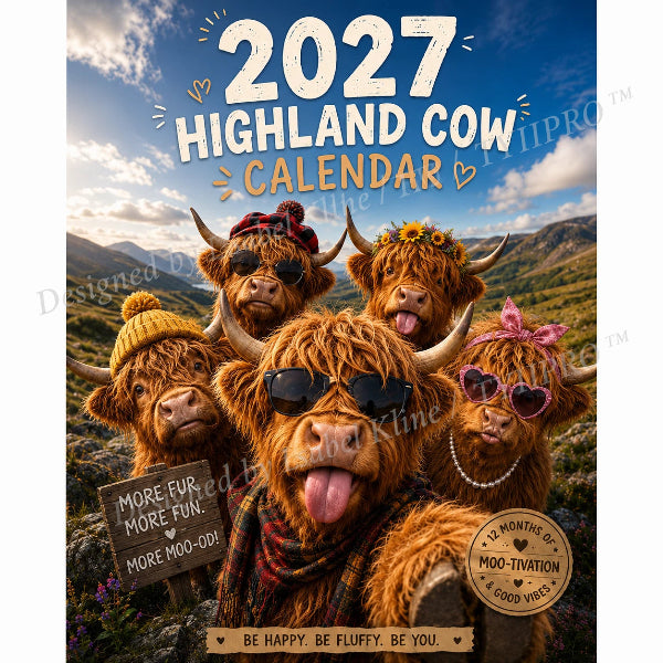 Vægkalender med højlandsko 2027 – Sjov A4-kalender til hjemmet | Designet af Isabel Kline