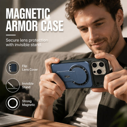 ✨ Ét cover, tre opgraderinger – Magnetisk, flip-linsedæksel og stativ, der ikke fylder meget. Passer til iPhone 13-17