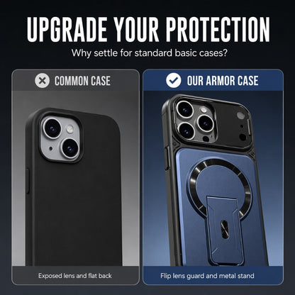 ✨ Ét cover, tre opgraderinger – Magnetisk, flip-linsedæksel og stativ, der ikke fylder meget. Passer til iPhone 13-17