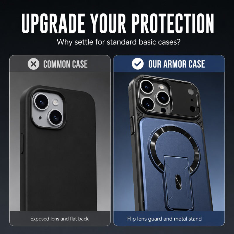 ✨ Ét cover, tre opgraderinger – Magnetisk, flip-linsedæksel og stativ, der ikke fylder meget. Passer til iPhone 13-17