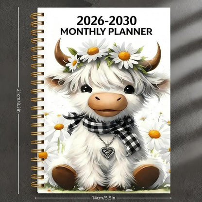 🐮 Kalender 2026-2030 📅 - Fra januar 2026 til december 2030, 5-års kalender, omslagsdesign med tegneserie-højlandsko-tema, årlig kalenderplanlægning, månedsetiketter, 60-måneders kalende