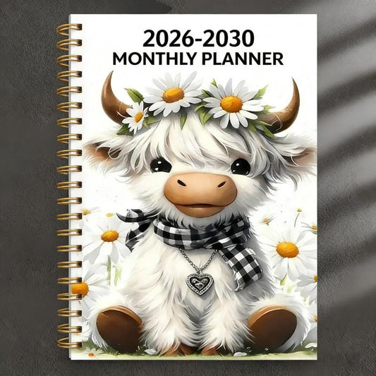 🐮 Kalender 2026-2030 📅 - Fra januar 2026 til december 2030, 5-års kalender, omslagsdesign med tegneserie-højlandsko-tema, årlig kalenderplanlægning, månedsetiketter, 60-måneders kalende