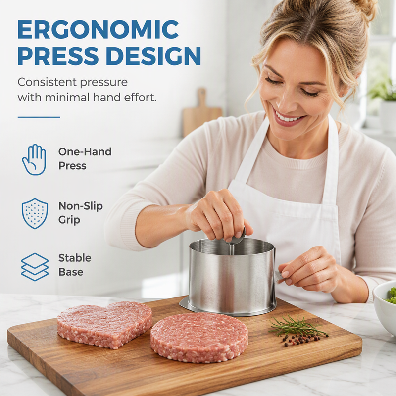 🍔 Burgerpresse i rustfrit stål – perfekte burgerbøffer, let trykudløsning, 2 ringe (hjerte+rund). Ideel til BBQ 🛡️