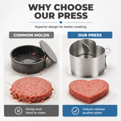 🍔 Burgerpresse i rustfrit stål – perfekte burgerbøffer, let trykudløsning, 2 ringe (hjerte+rund). Ideel til BBQ 🛡️