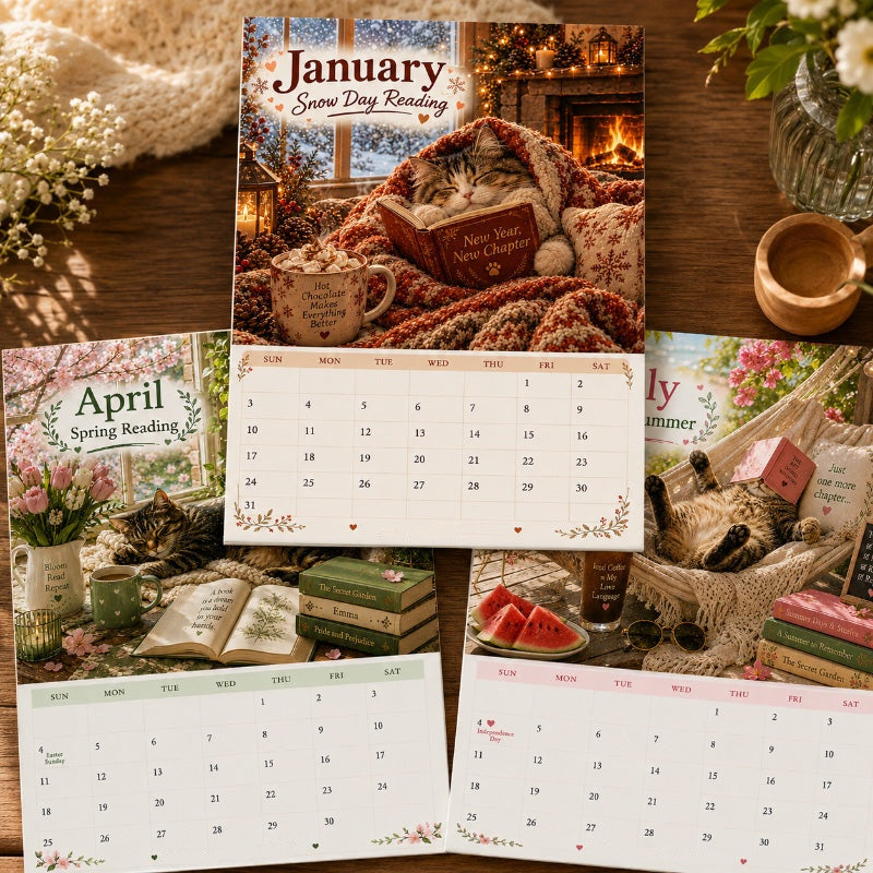 😻2027 Vægkalender med katte, der slapper af med bøger – Yndig katte-bog-kunst, store skriveblokke, perfekt gave til katte- og bogelskere!